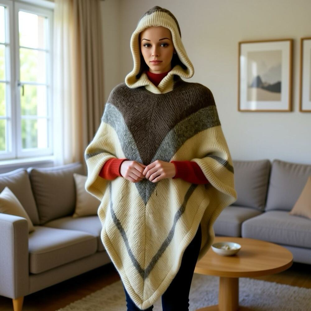 Vintage Icewool 100% Iceland Pure Wool Hooded Poncho Cape Sweater M Multicolor